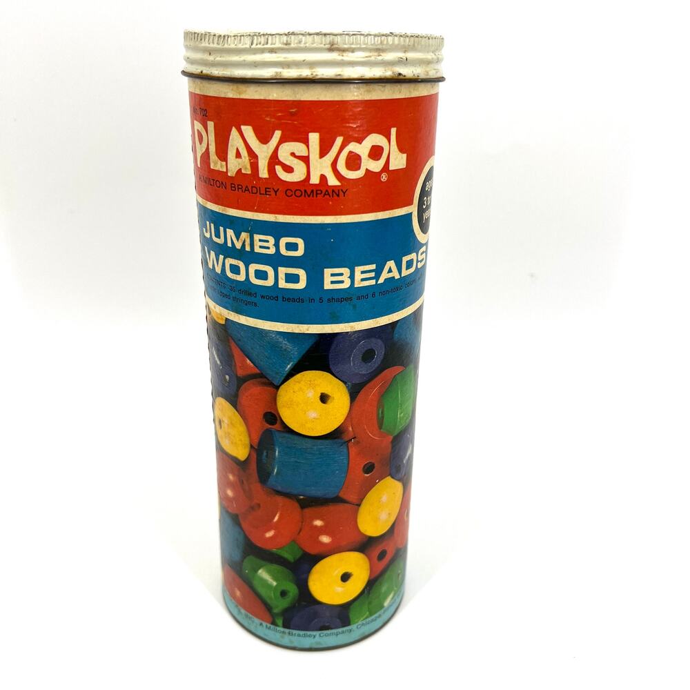 Vintage Playskool 702 Jumbo Wood Beads in Original Tin 1969
